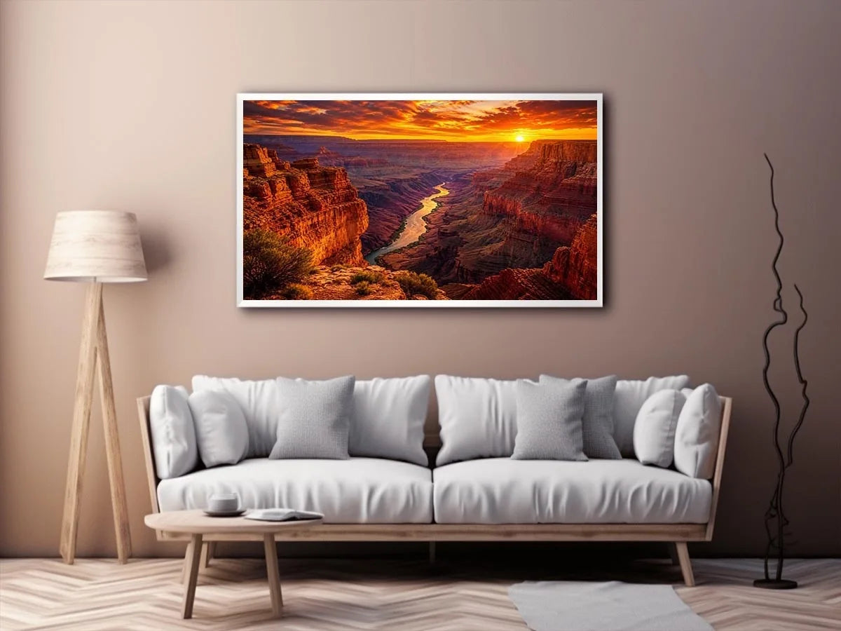 Grand canyon sunset wall art with glowing river landscape for warm modern living room decor.