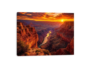 Grand canyon sunset wall art with glowing river landscape for warm modern living room decor.