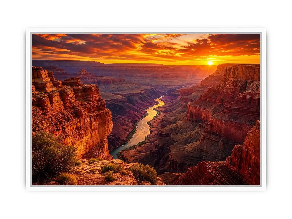 Grand canyon sunset wall art with glowing river landscape for warm modern living room decor.