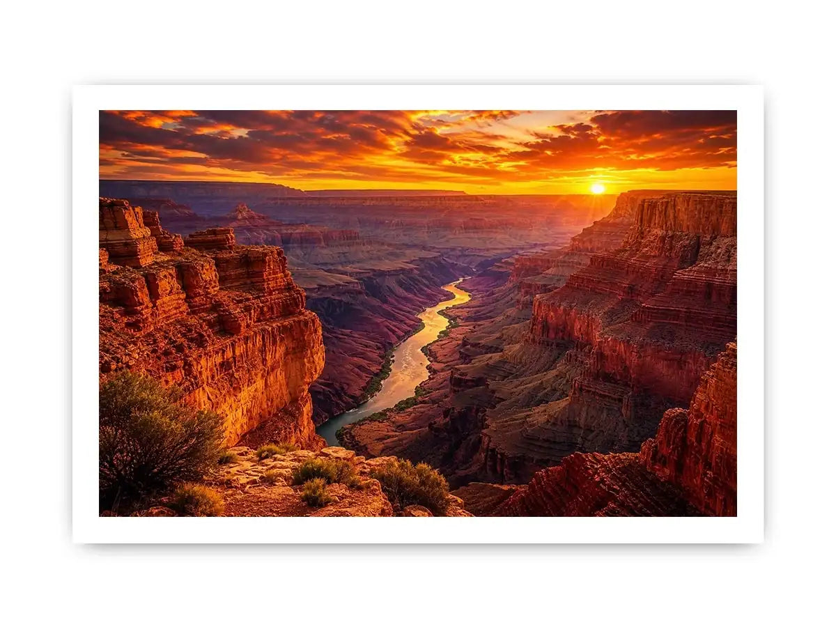Grand canyon sunset wall art with glowing river landscape for warm modern living room decor.