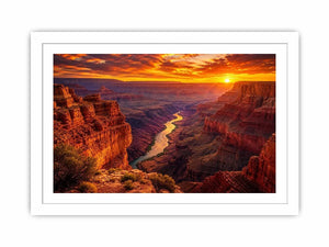 Grand canyon sunset wall art with glowing river landscape for warm modern living room decor.