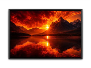 Fiery sunset mountain lake wall art with glowing reflections for dramatic modern living room decor.