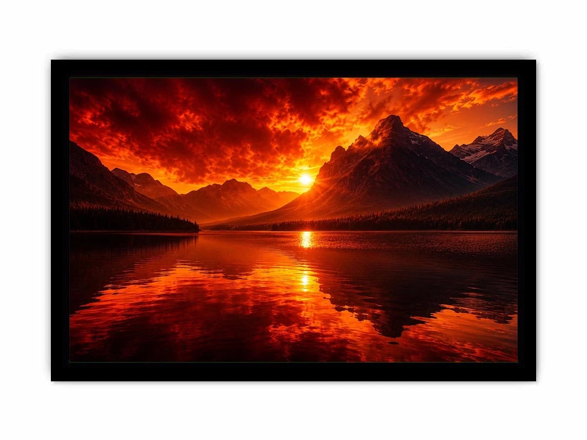 Fiery sunset mountain lake wall art with glowing reflections for dramatic modern living room decor.