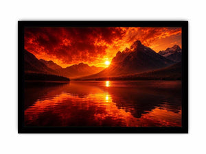 Fiery sunset mountain lake wall art with glowing reflections for dramatic modern living room decor.