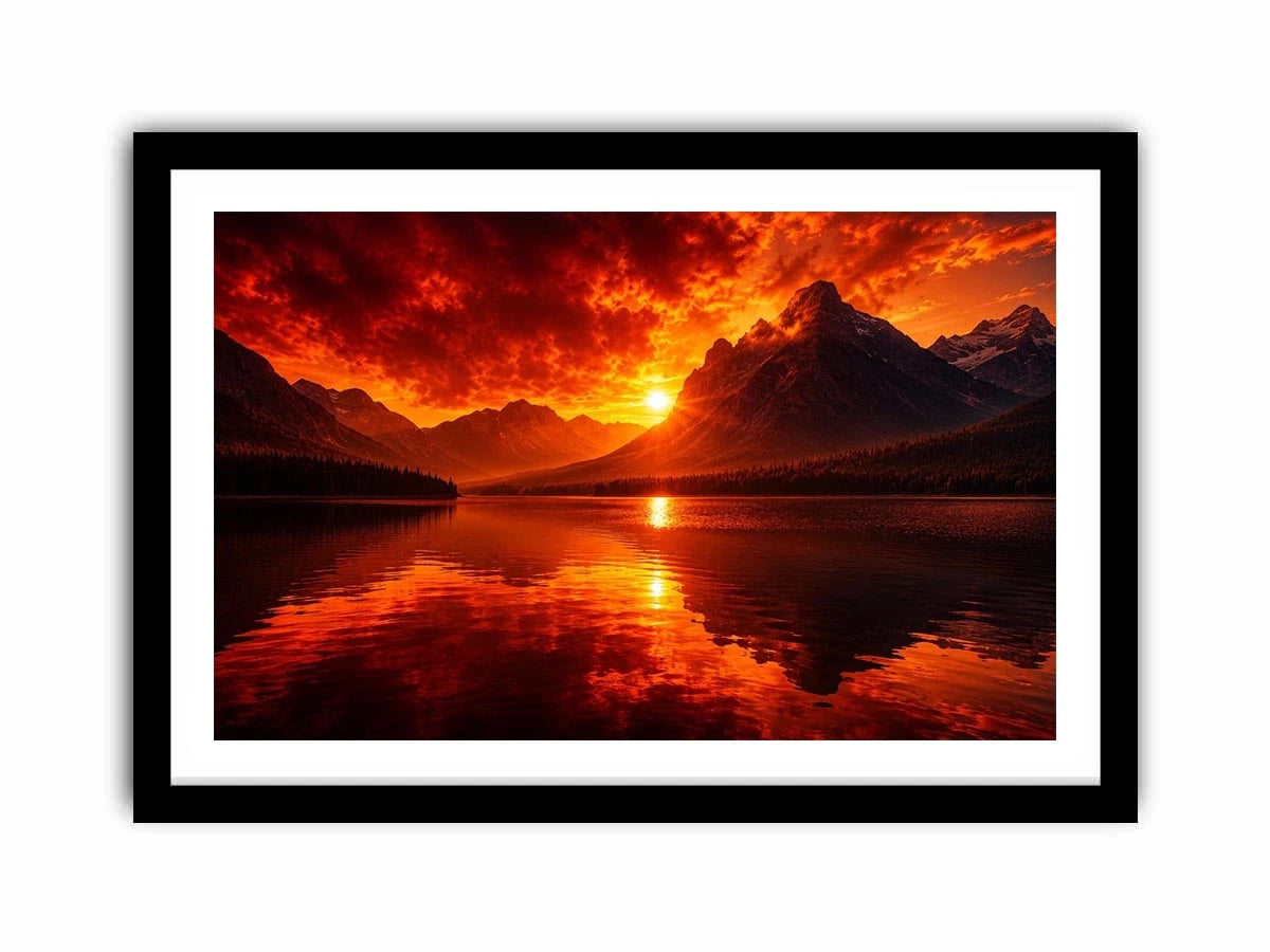 Fiery sunset mountain lake wall art with glowing reflections for dramatic modern living room decor.