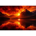 Fiery sunset mountain lake wall art with glowing reflections for dramatic modern living room decor.