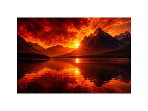 Fiery sunset mountain lake wall art with glowing reflections for dramatic modern living room decor.