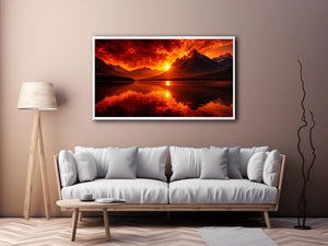 Fiery sunset mountain lake wall art with glowing reflections for dramatic modern living room decor.