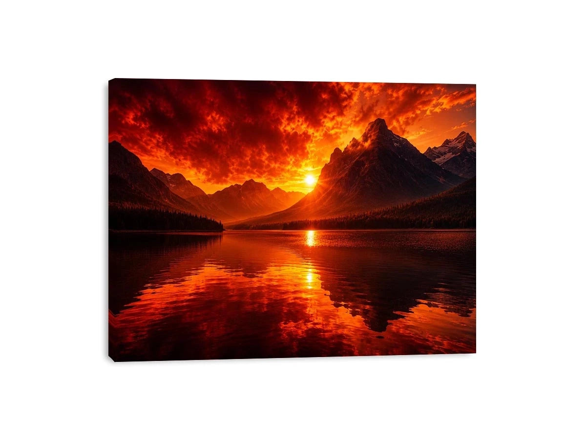 Fiery sunset mountain lake wall art with glowing reflections for dramatic modern living room decor.
