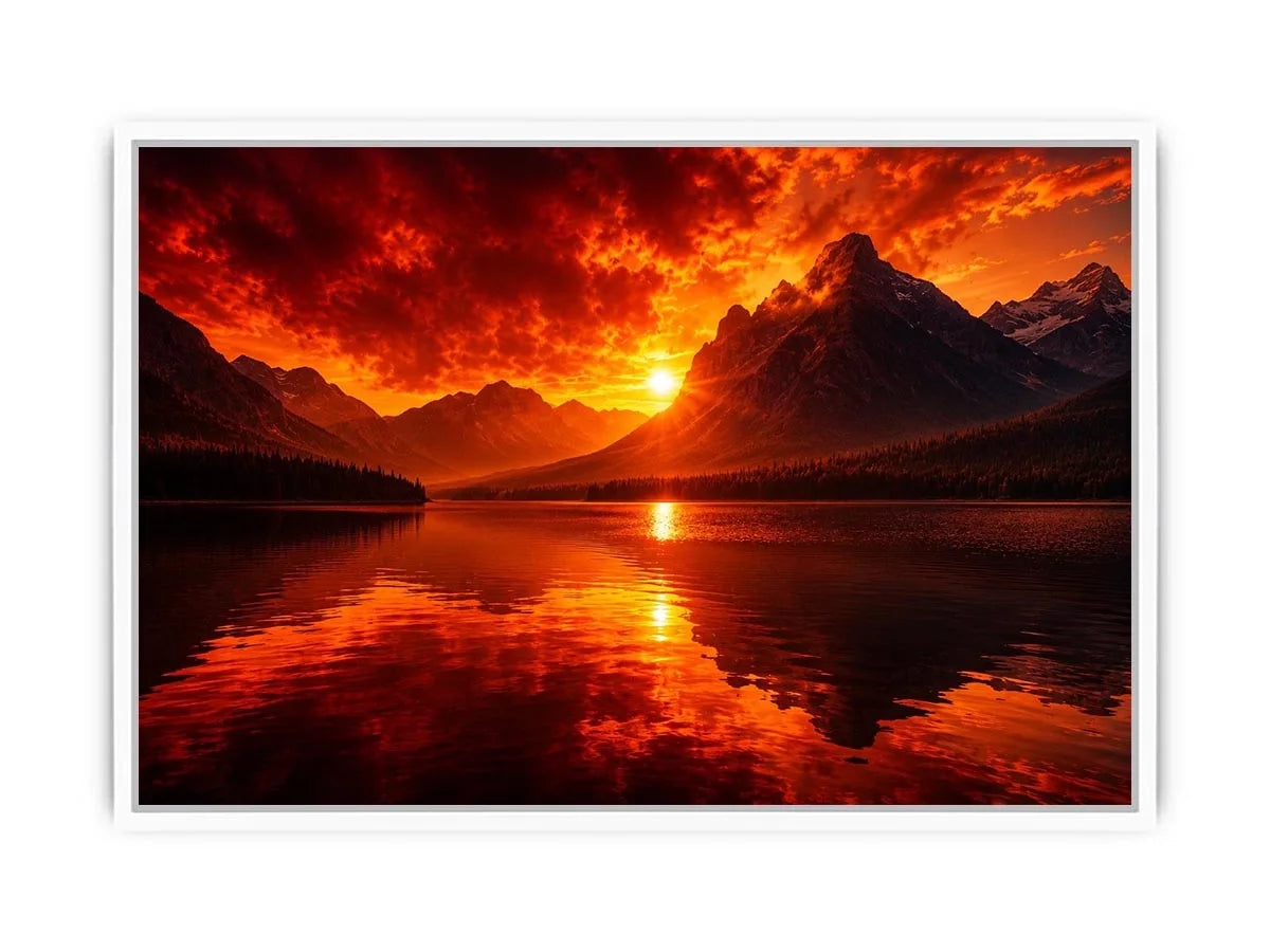 Fiery sunset mountain lake wall art with glowing reflections for dramatic modern living room decor.