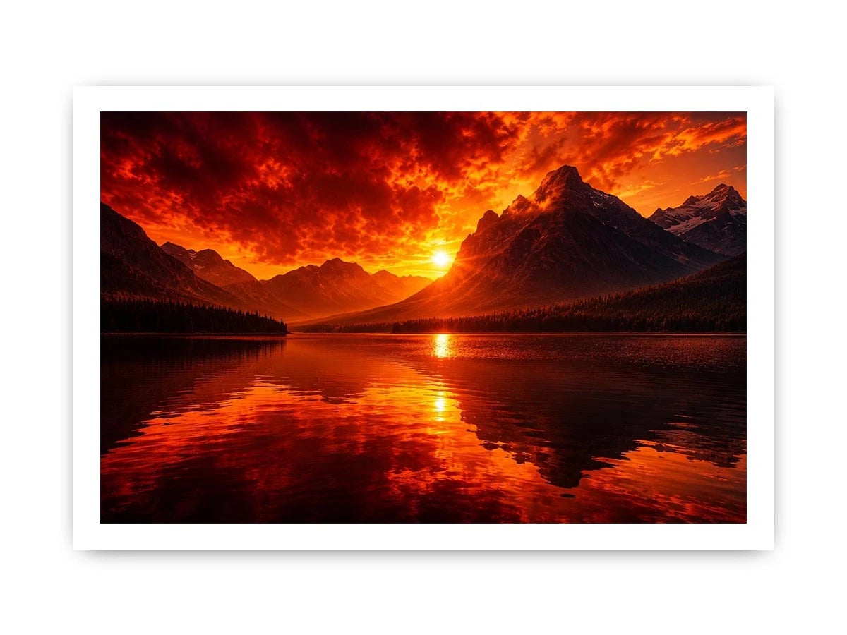 Fiery sunset mountain lake wall art with glowing reflections for dramatic modern living room decor.