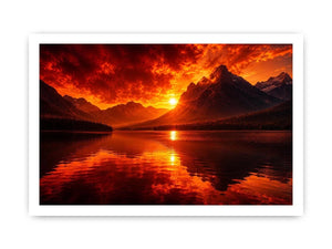 Fiery sunset mountain lake wall art with glowing reflections for dramatic modern living room decor.