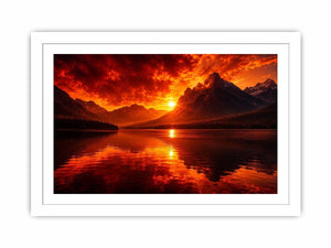 Fiery sunset mountain lake wall art with glowing reflections for dramatic modern living room decor.