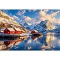 Scandinavian winter village wall art with snowy mountains and calm reflective water for cozy modern interiors.