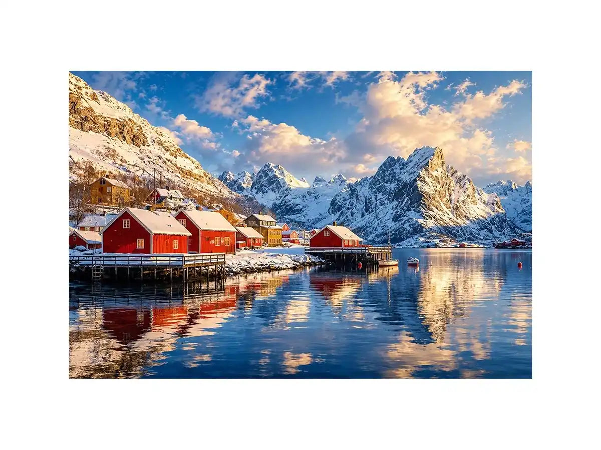 Scandinavian winter village wall art with snowy mountains and calm reflective water for cozy modern interiors.
