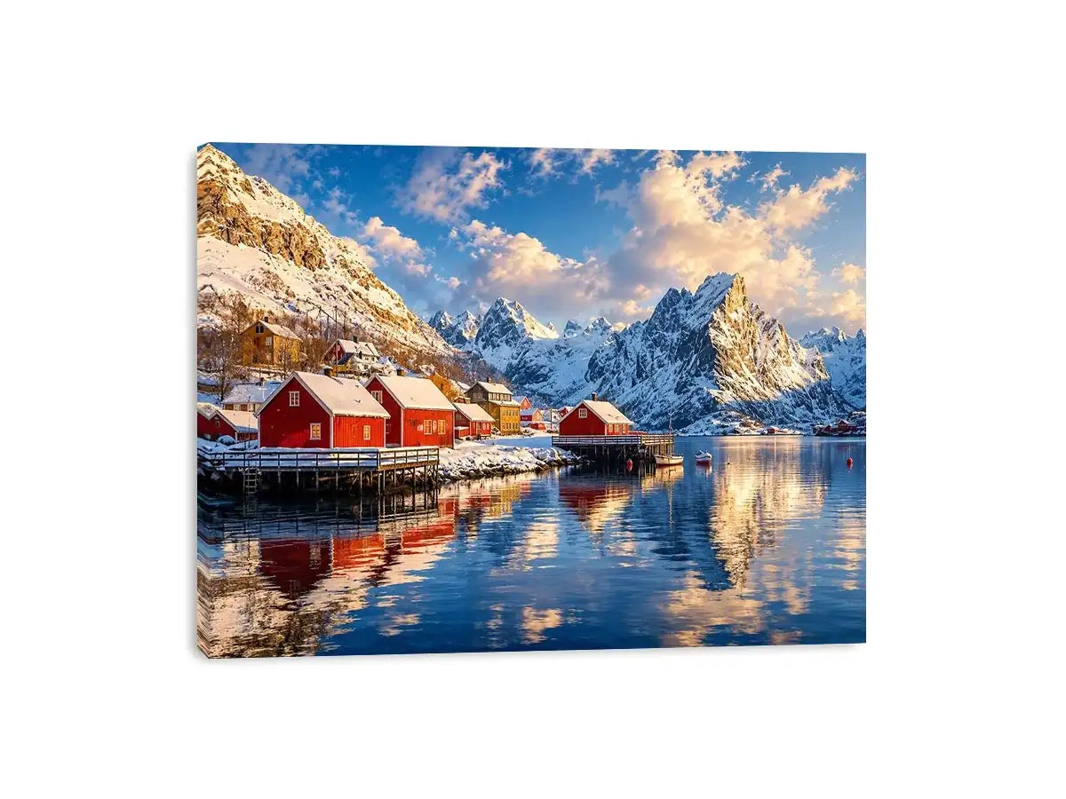 Scandinavian winter village wall art with snowy mountains and calm reflective water for cozy modern interiors.