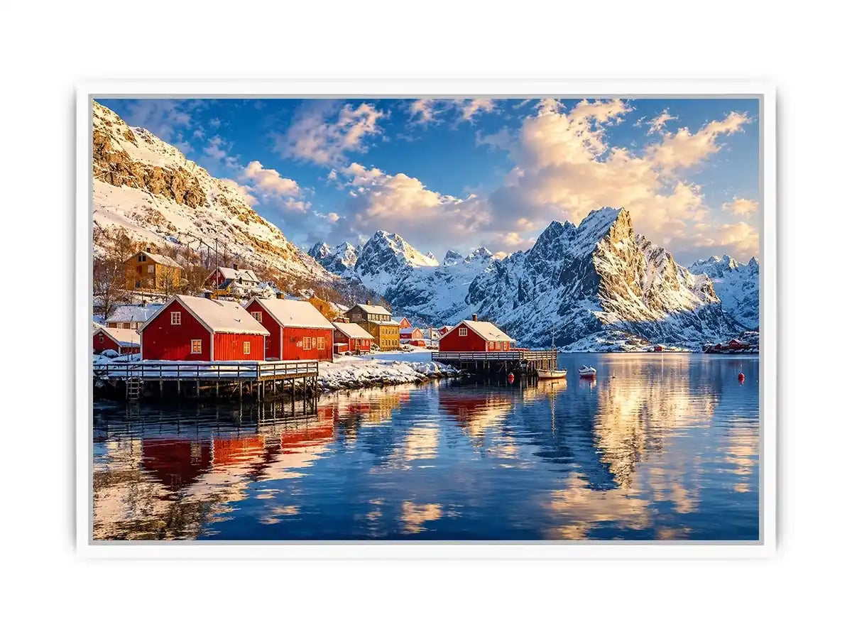 Scandinavian winter village wall art with snowy mountains and calm reflective water for cozy modern interiors.