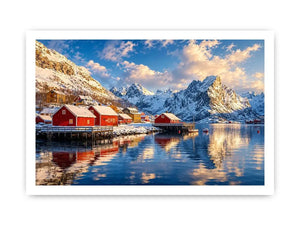 Scandinavian winter village wall art with snowy mountains and calm reflective water for cozy modern interiors.