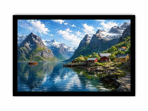 Nordic fjord village wall art with snowy mountains and calm water reflections for serene modern interiors.