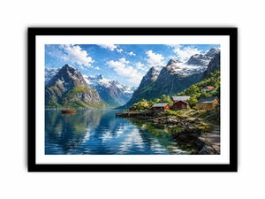 Nordic fjord village wall art with snowy mountains and calm water reflections for serene modern interiors.