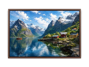 Nordic fjord village wall art with snowy mountains and calm water reflections for serene modern interiors.