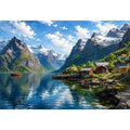 Nordic fjord village wall art with snowy mountains and calm water reflections for serene modern interiors.
