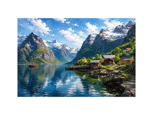 Nordic fjord village wall art with snowy mountains and calm water reflections for serene modern interiors.