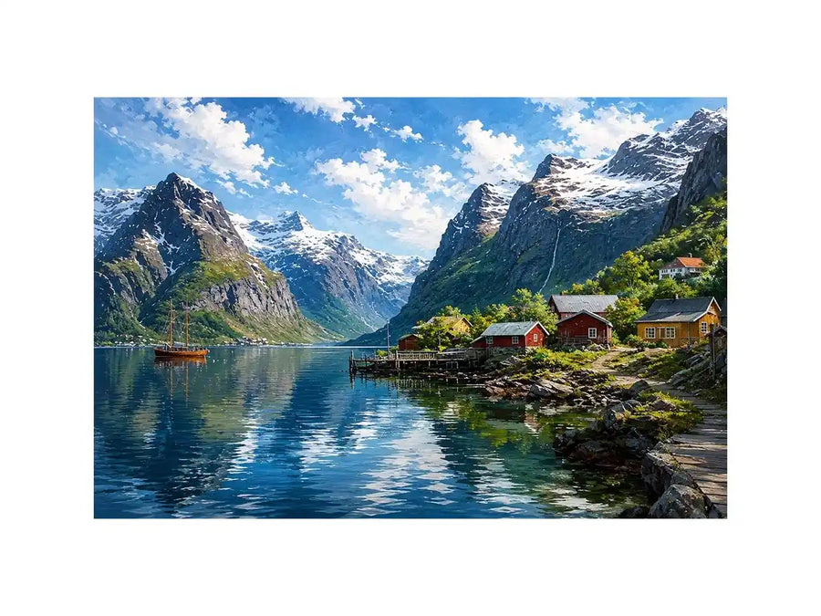 Nordic fjord village wall art with snowy mountains and calm water reflections for serene modern interiors.