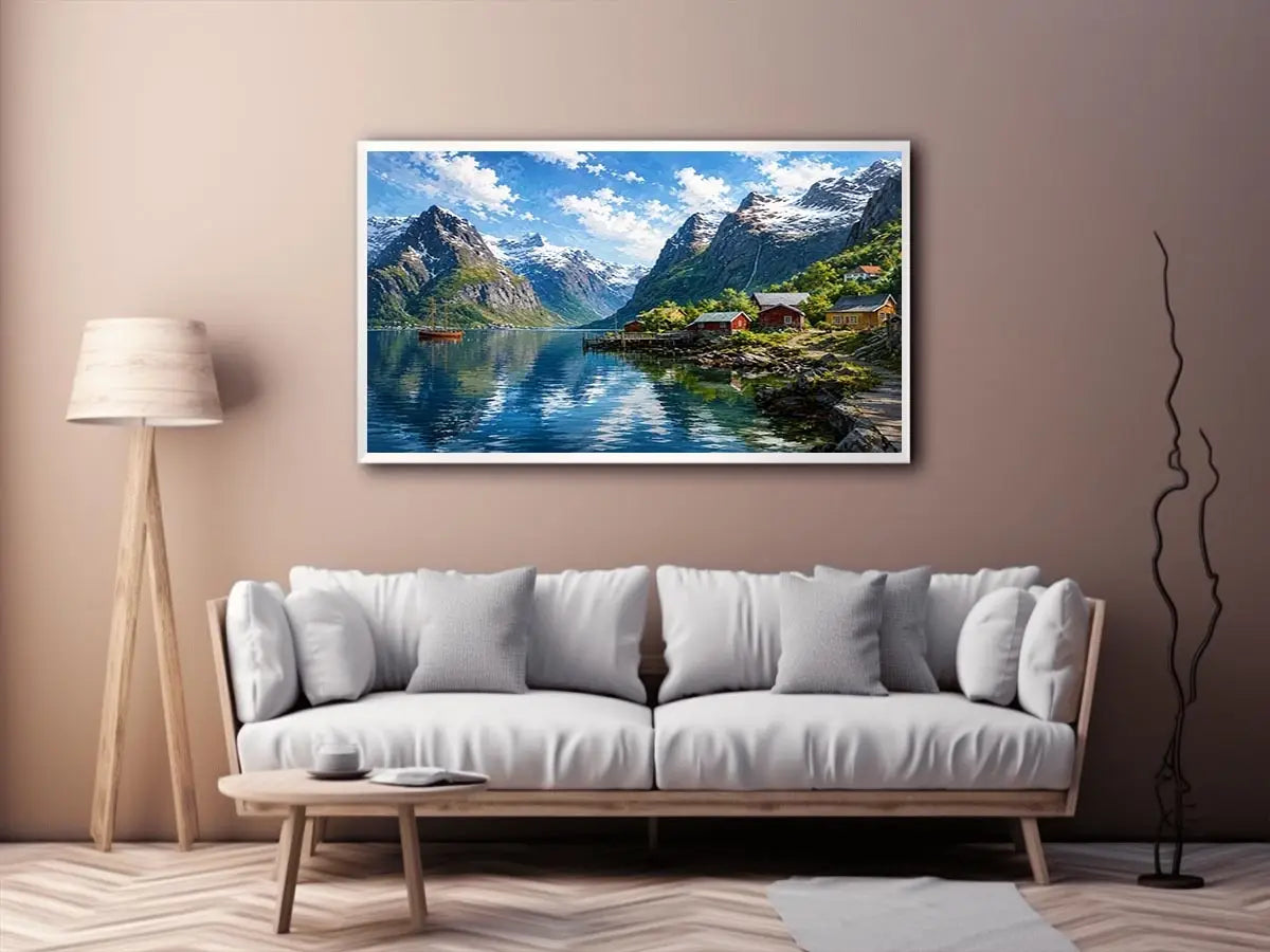 Nordic fjord village wall art with snowy mountains and calm water reflections for serene modern interiors.