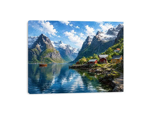 Nordic fjord village wall art with snowy mountains and calm water reflections for serene modern interiors.