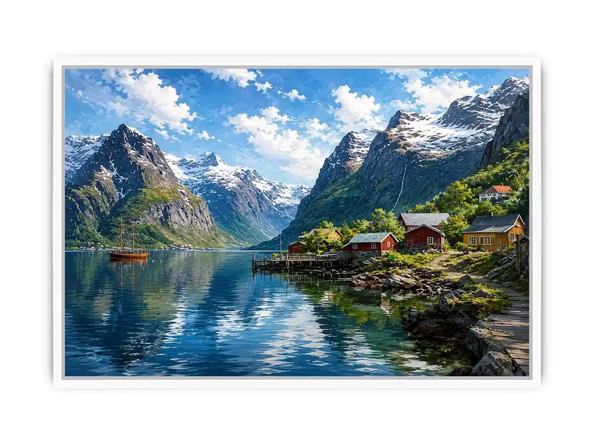 Nordic fjord village wall art with snowy mountains and calm water reflections for serene modern interiors.
