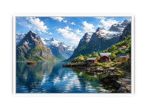 Nordic fjord village wall art with snowy mountains and calm water reflections for serene modern interiors.