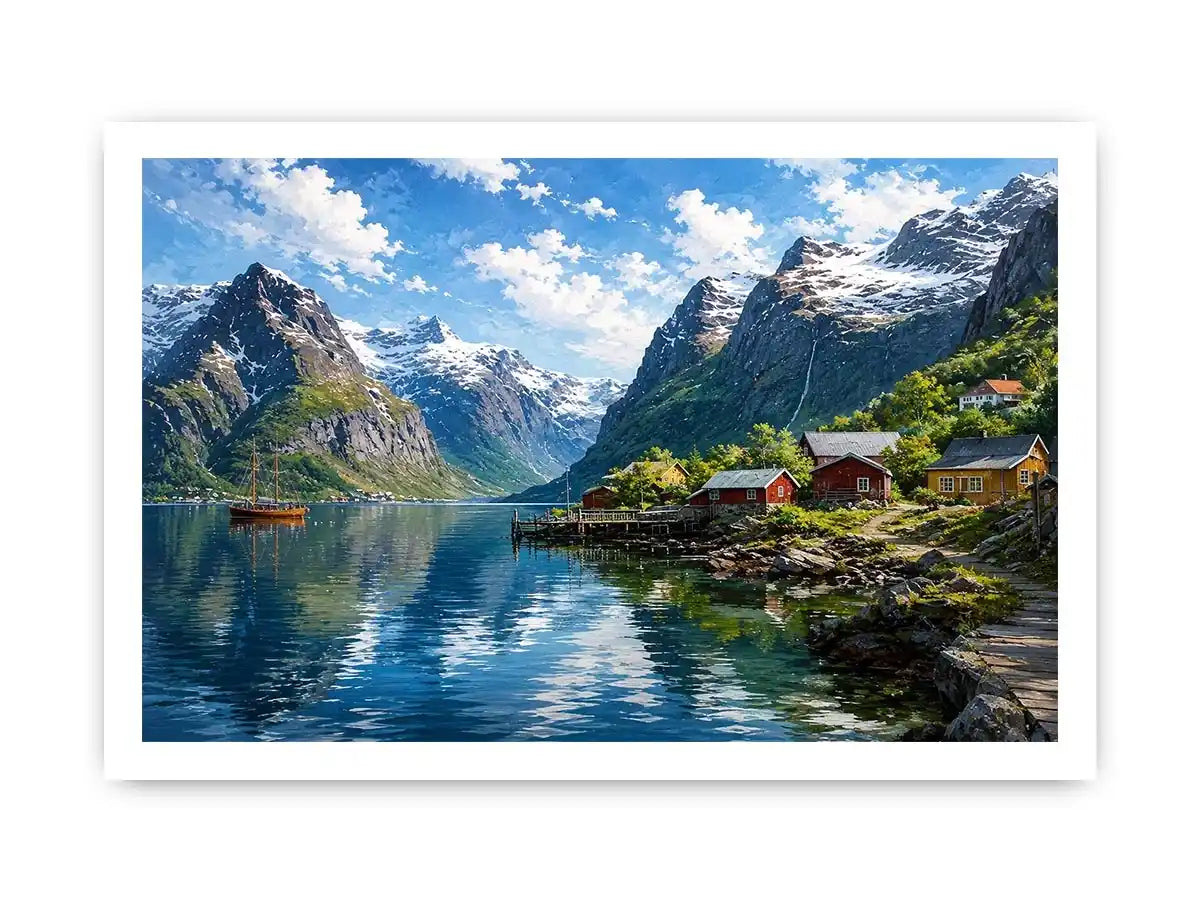 Nordic fjord village wall art with snowy mountains and calm water reflections for serene modern interiors.