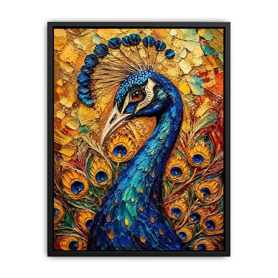 Colorful peacock wall art with rich blue and gold textures for elegant luxury interiors.