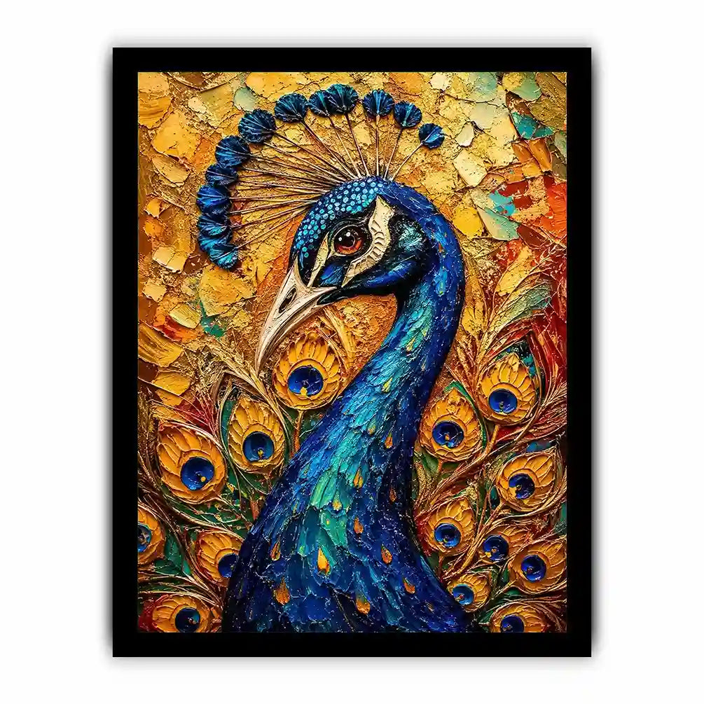 Colorful peacock wall art with rich blue and gold textures for elegant luxury interiors.