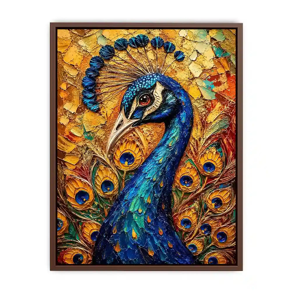 Colorful peacock wall art with rich blue and gold textures for elegant luxury interiors.