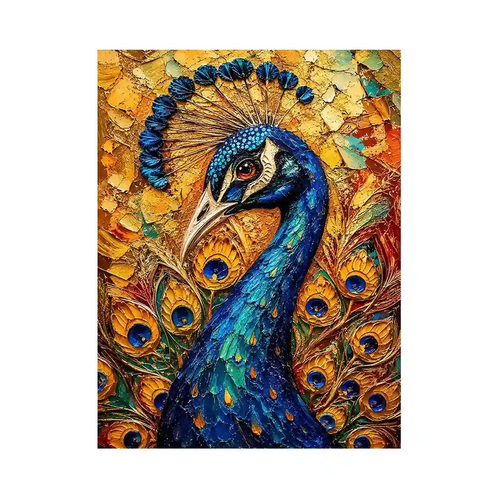 Colorful peacock wall art with rich blue and gold textures for elegant luxury interiors.