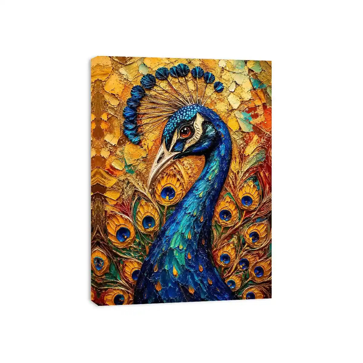 Colorful peacock wall art with rich blue and gold textures for elegant luxury interiors.