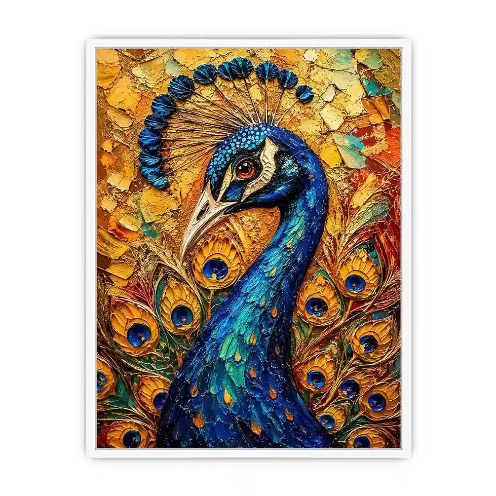 Colorful peacock wall art with rich blue and gold textures for elegant luxury interiors.