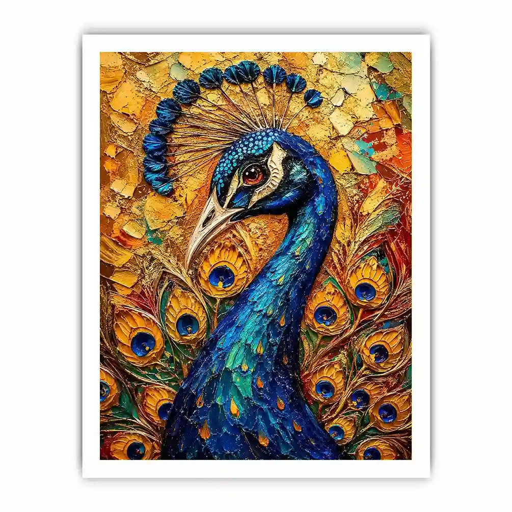 Colorful peacock wall art with rich blue and gold textures for elegant luxury interiors.