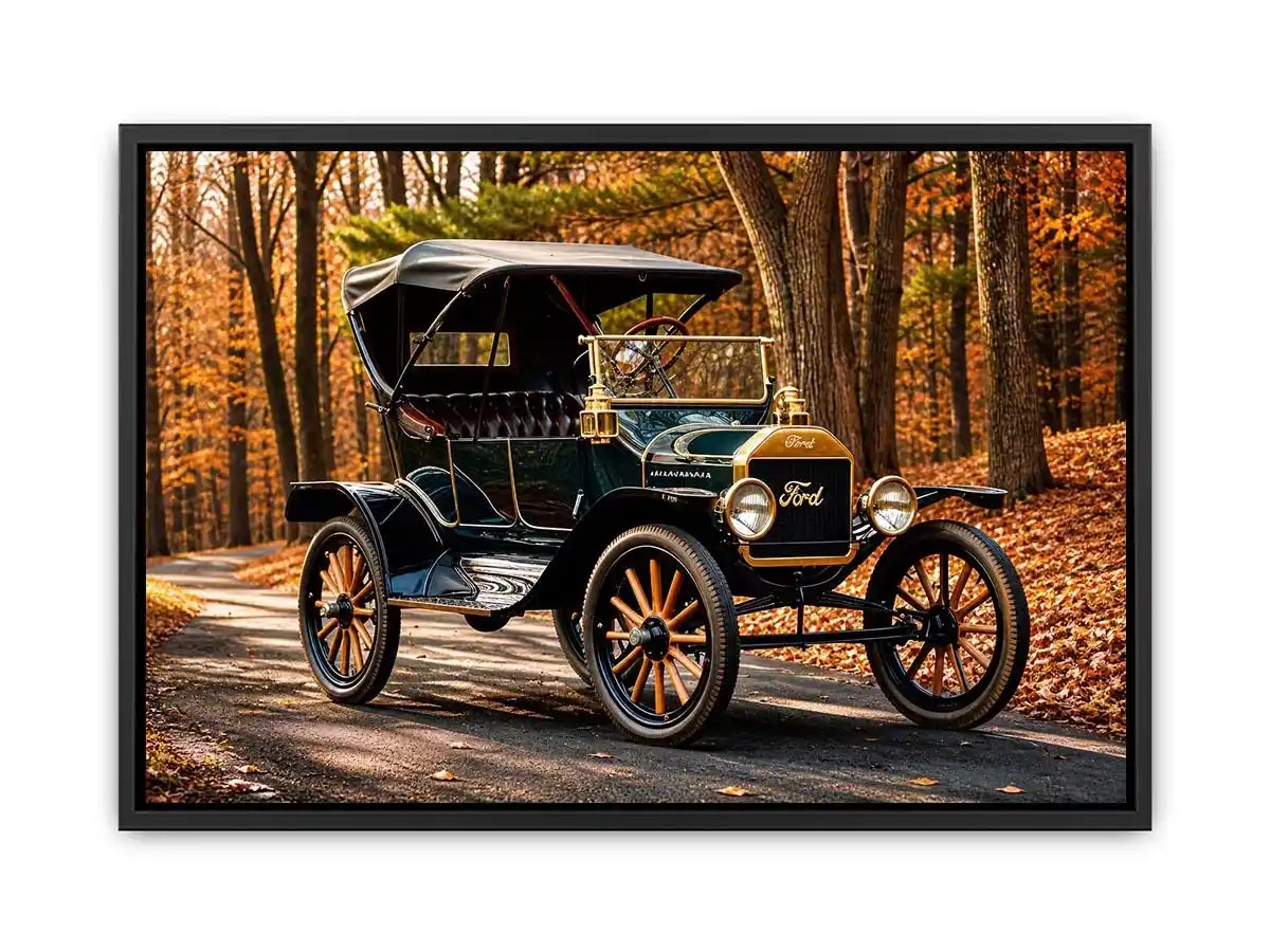 Vintage Ford car wall art canvas in autumn forest, classic automobile photography decor for living room or office