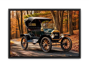 Vintage Ford car wall art canvas in autumn forest, classic automobile photography decor for living room or office