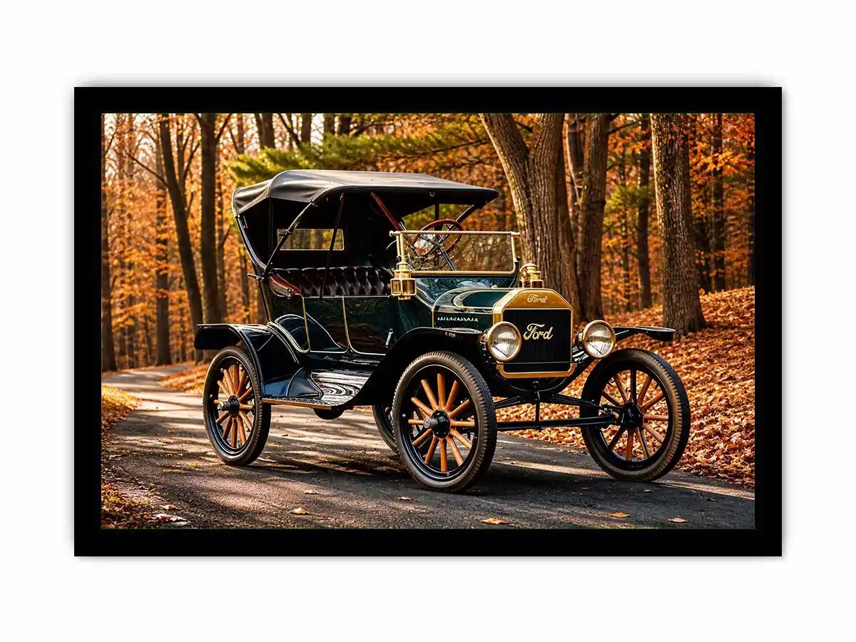Vintage Ford car wall art canvas in autumn forest, classic automobile photography decor for living room or office