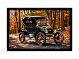 Vintage Ford car wall art canvas in autumn forest, classic automobile photography decor for living room or office