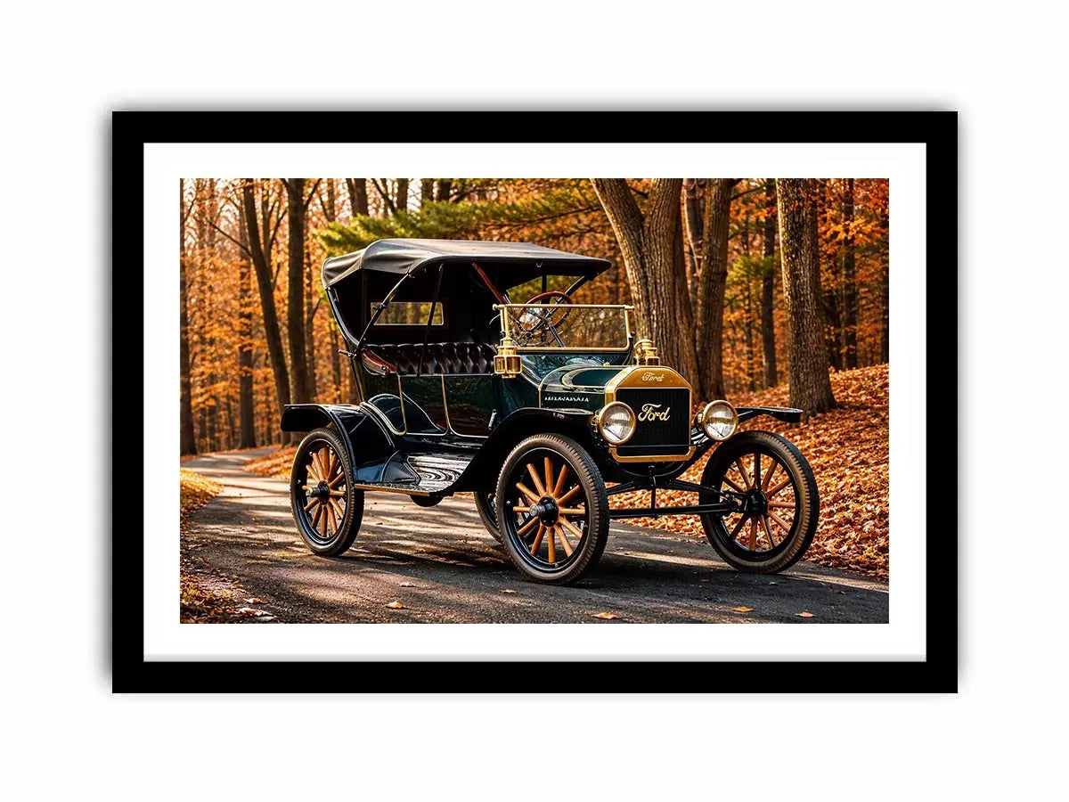Vintage Ford car wall art canvas in autumn forest, classic automobile photography decor for living room or office