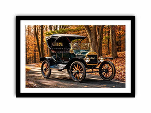 Vintage Ford car wall art canvas in autumn forest, classic automobile photography decor for living room or office