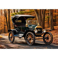 Vintage Ford car wall art canvas in autumn forest, classic automobile photography decor for living room or office