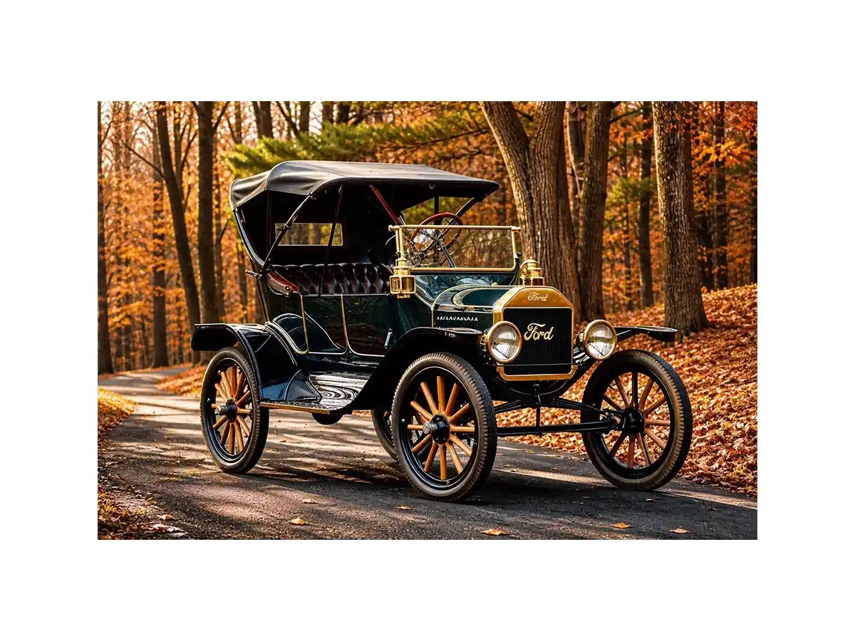Vintage Ford car wall art canvas in autumn forest, classic automobile photography decor for living room or office