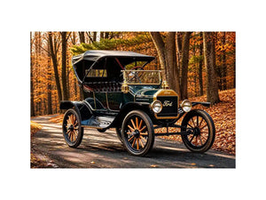 Vintage Ford car wall art canvas in autumn forest, classic automobile photography decor for living room or office