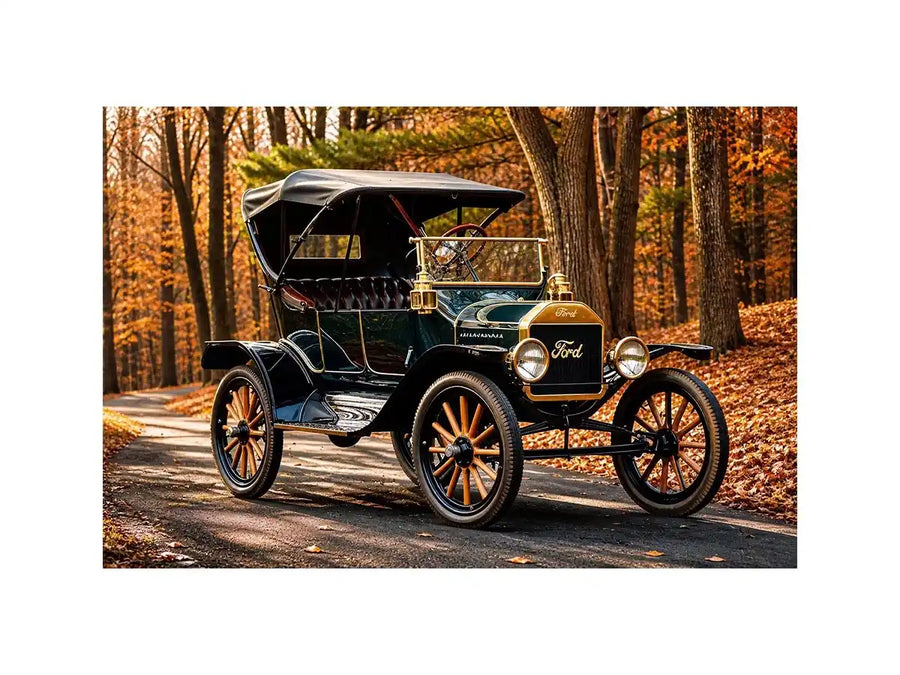 Vintage Ford car wall art canvas in autumn forest, classic automobile photography decor for living room or office